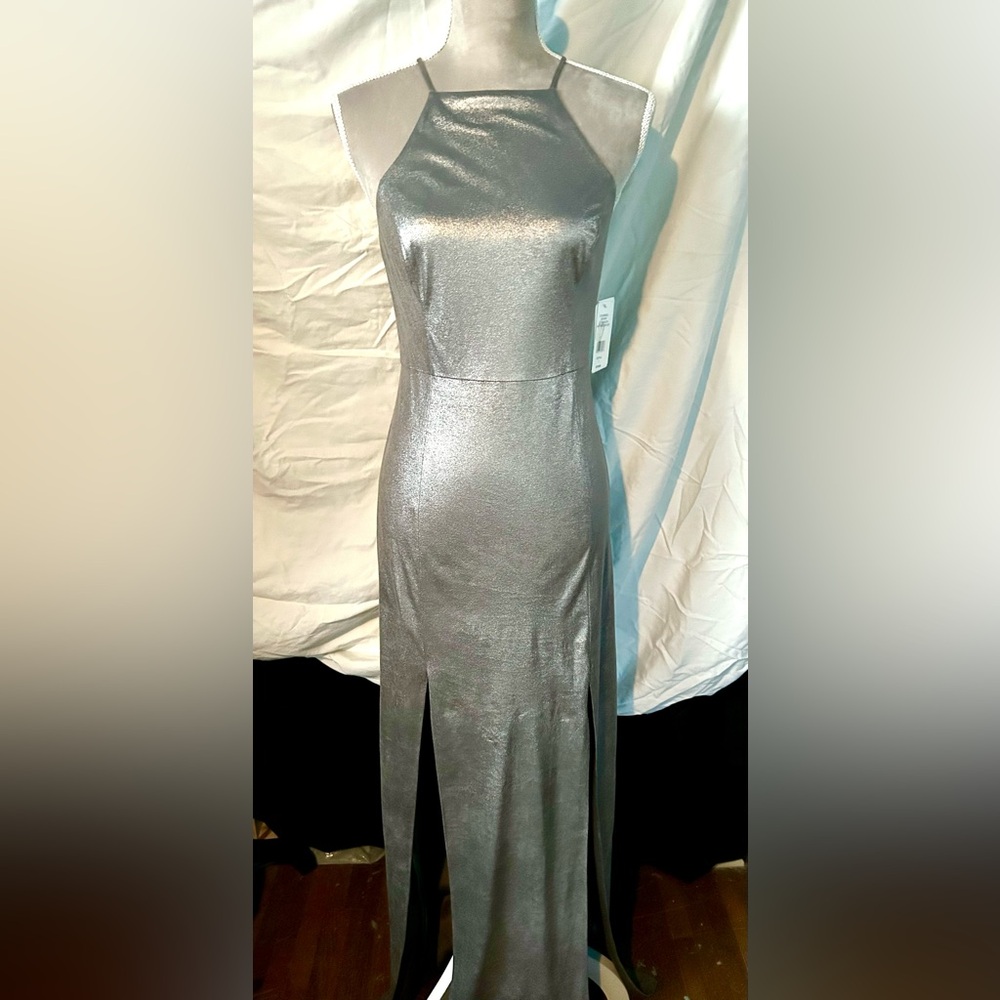 NWT H by Halston Metallic Silver Maxi Dress, Size 2